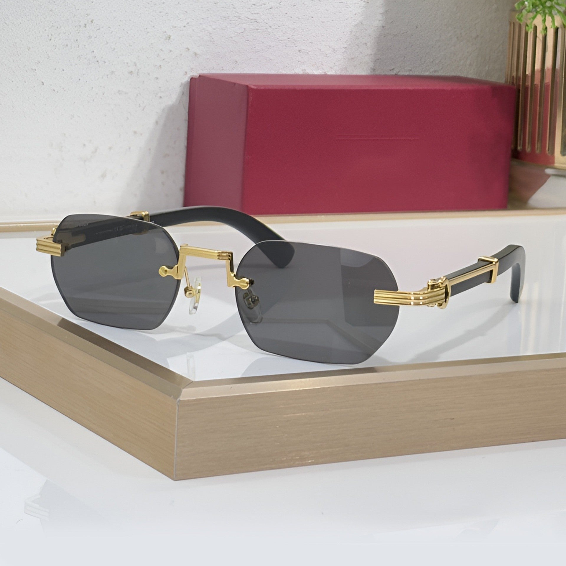 Rimless buffs Sunglasses Detroit style, solid grey lenses, Cartier eyewear
