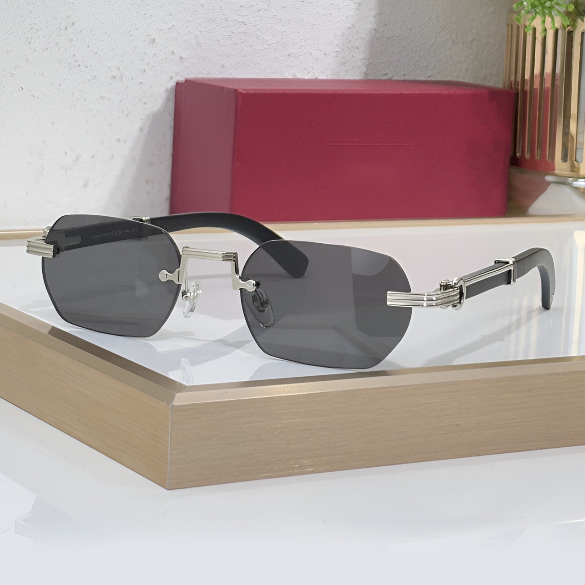 Rimless buffs Sunglasses Detroit style, solid grey lenses, Cartier eyewear