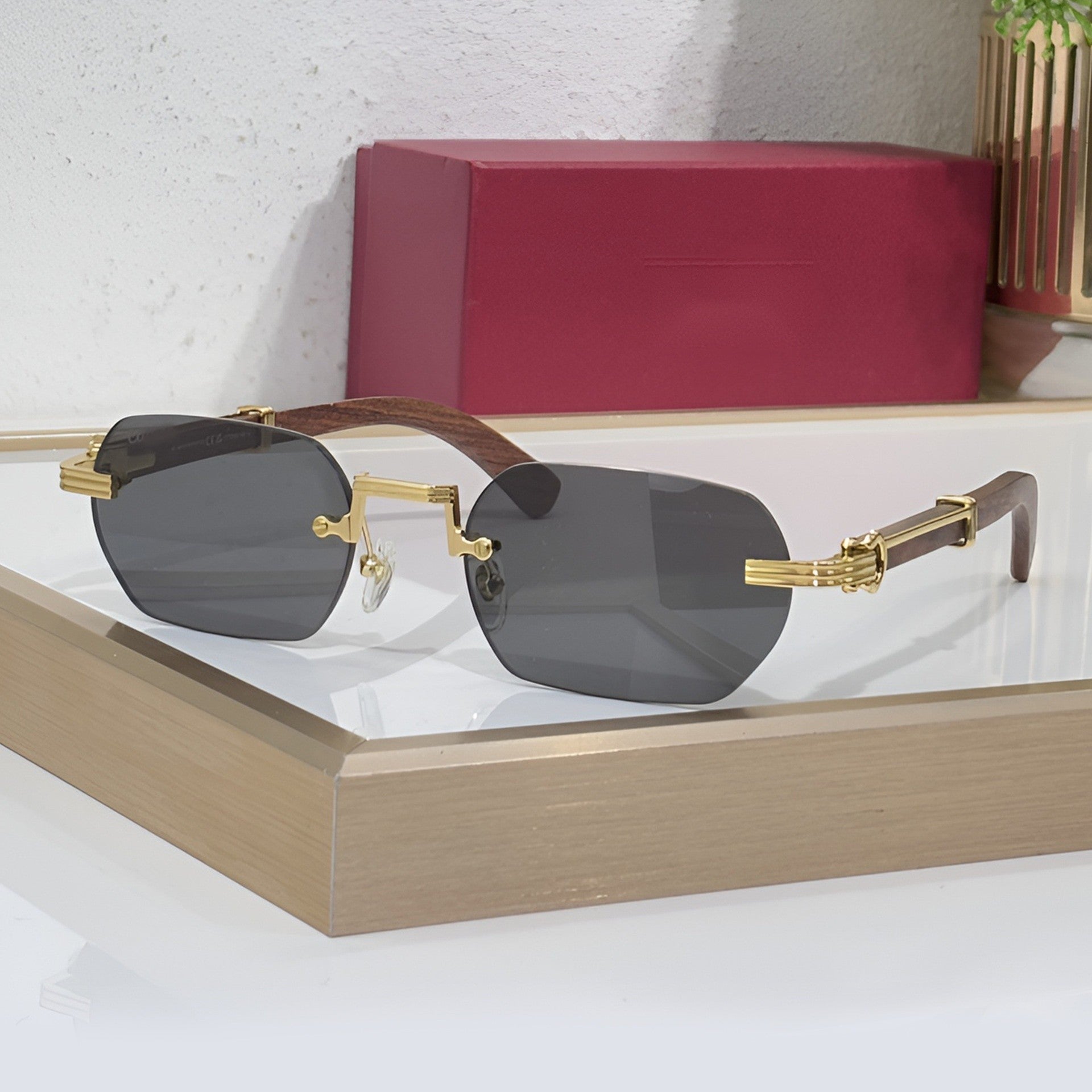 Rimless buffs Sunglasses Detroit style, solid grey lenses, Cartier eyewear