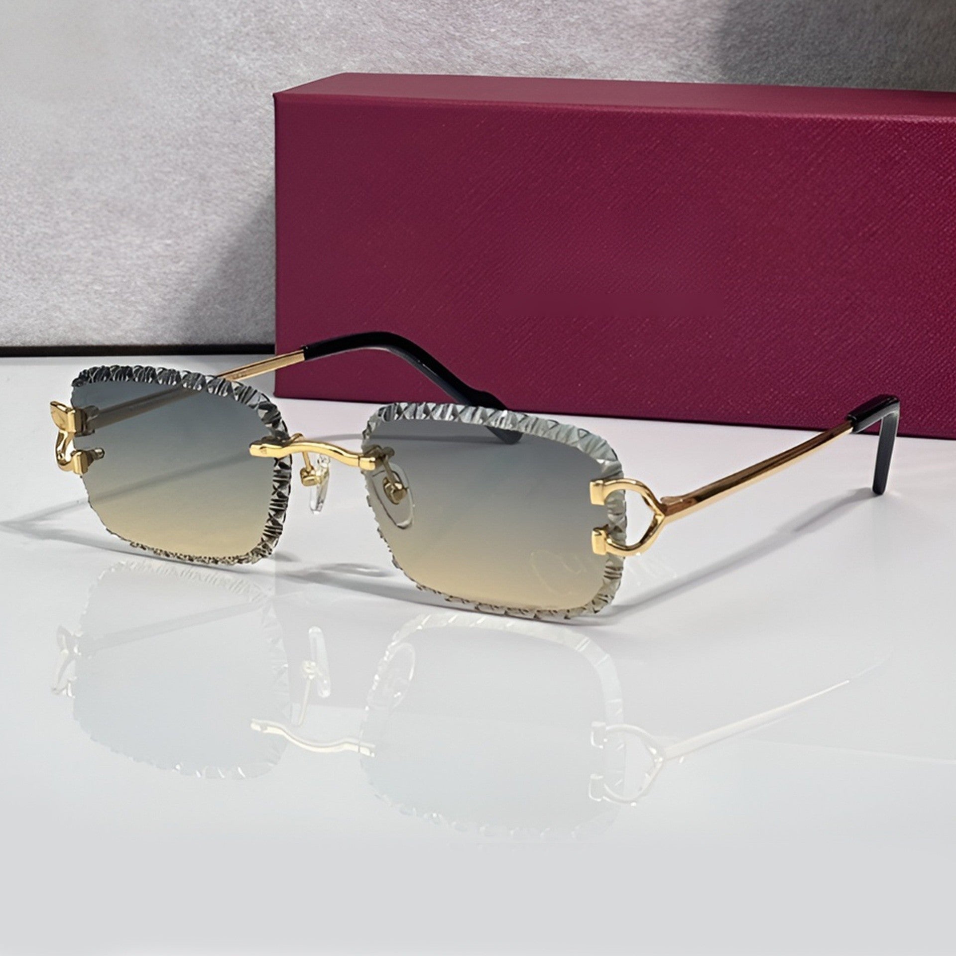 Iced out C wire glasses, blue to yellow gradient lenses, Cartier eyewear