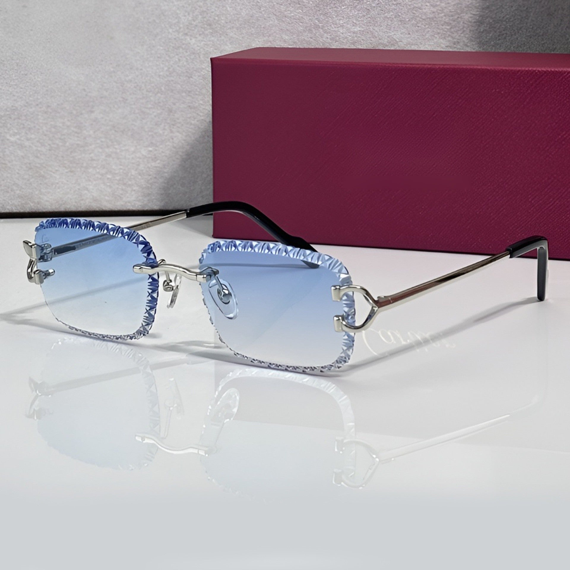 Iced out C wire glasses, blue gradient lenses, Cartier eyewear