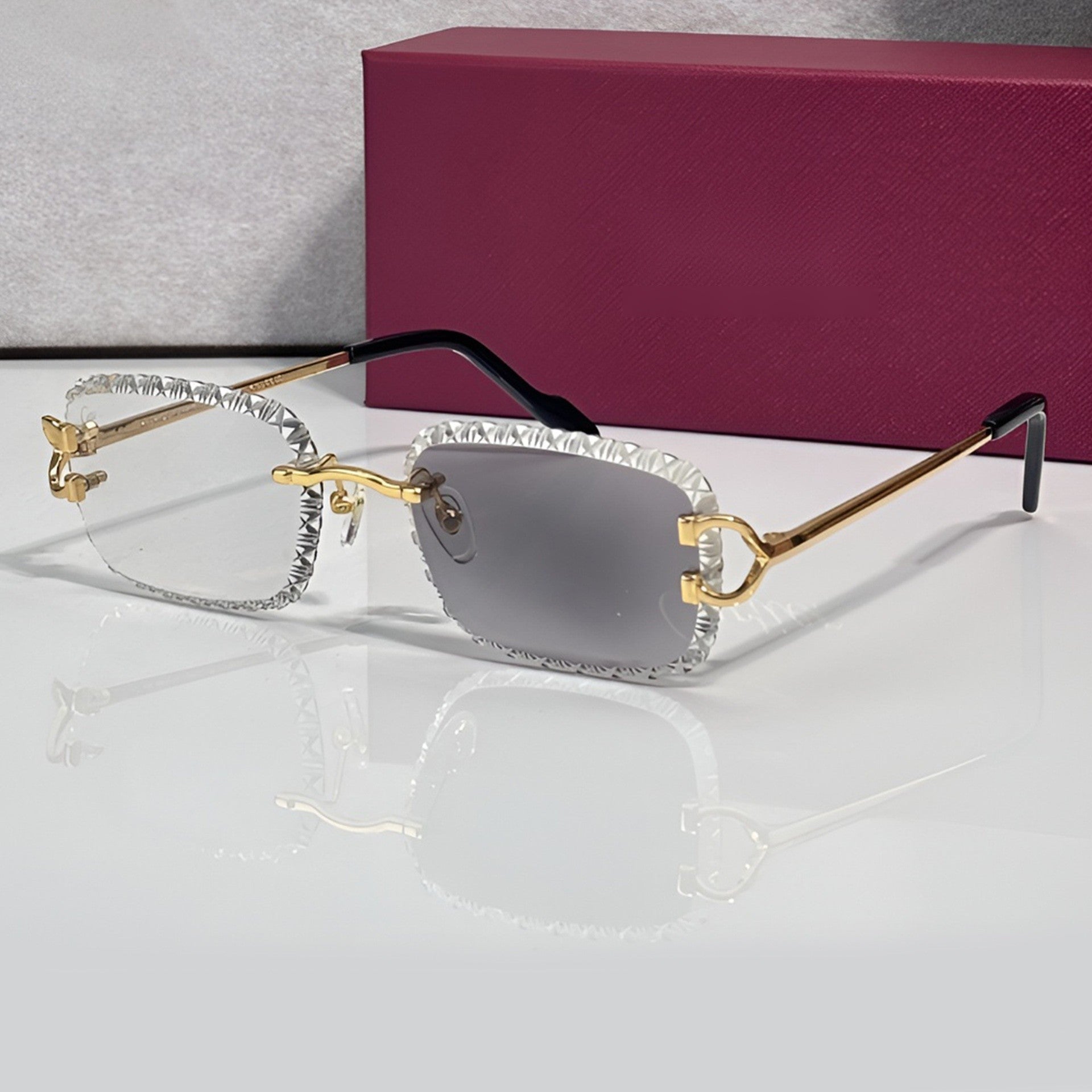 Iced out C wire glasses, grey gradient lenses, Cartier eyewear